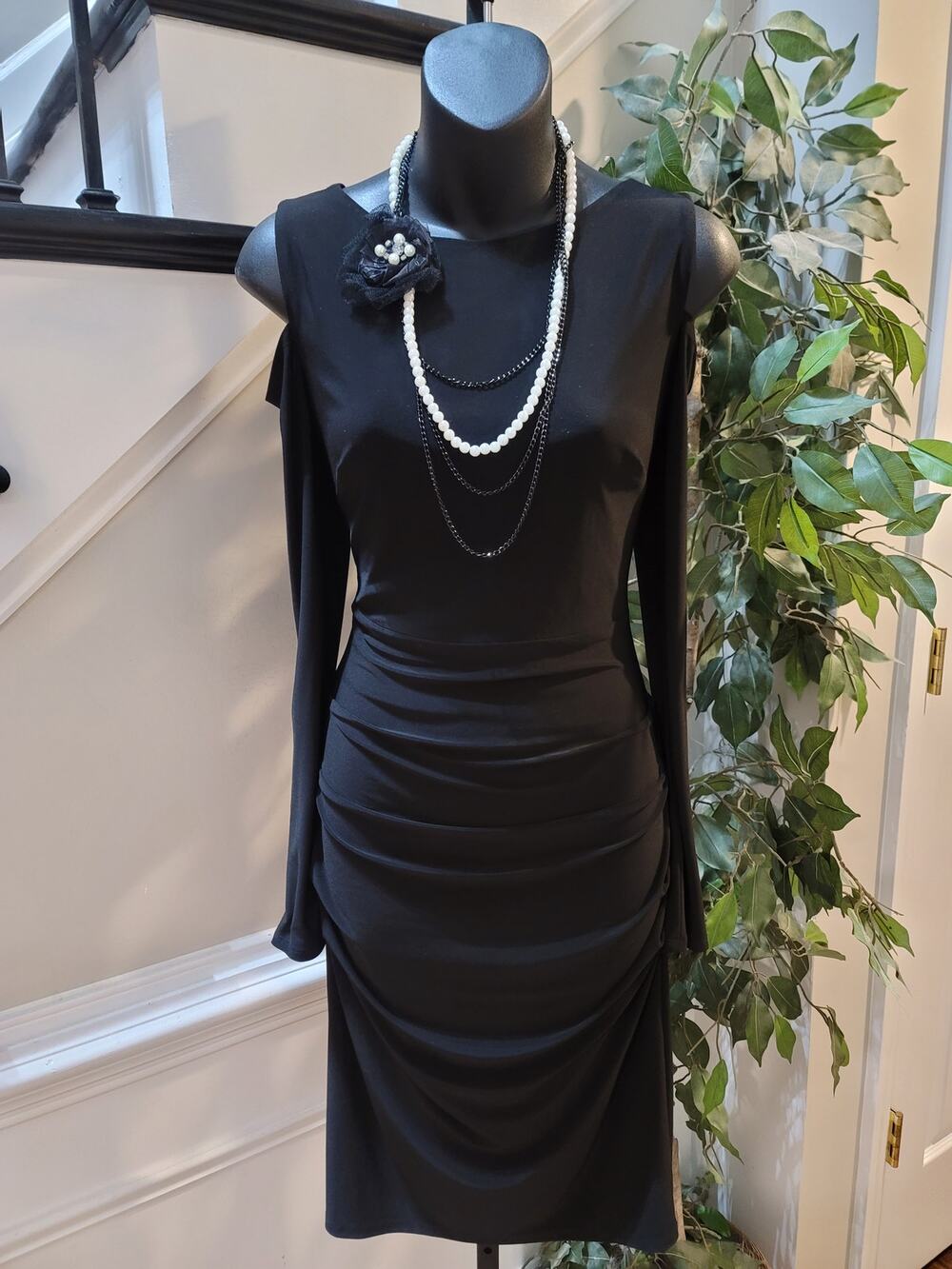 Laundry By Shelli Segal Bodycon Dress Women's 4 Black Polyester Cold Long Sleeve
